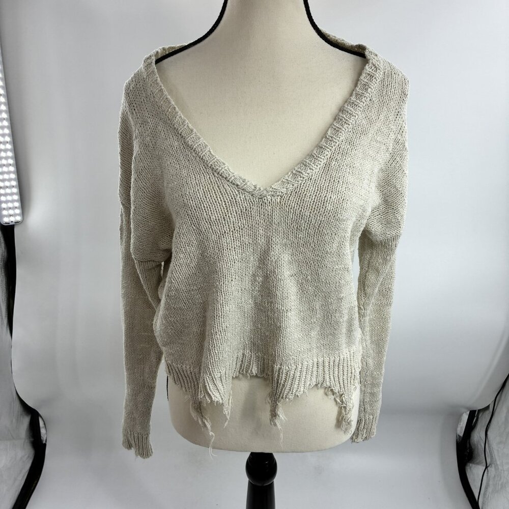 BLANK PAIGE Women's S/M Beige 100% Cotton Distressed V-Neck Cropped Knit Sweater